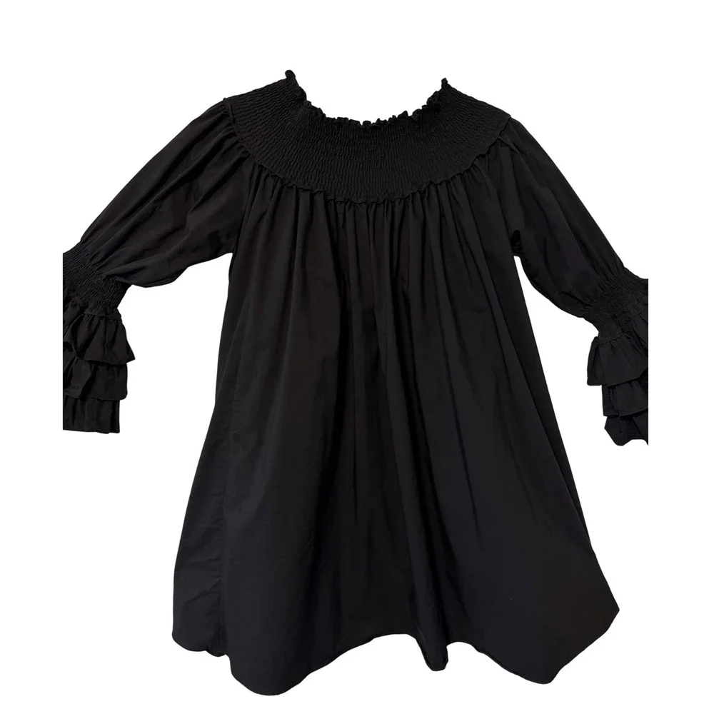 Blanc Studio Babydoll Dress Womens Black Smocked Tiered Ruffle Sleeve Mini - Picture 6 of 13